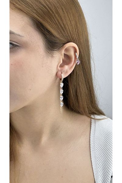 Neon Takı by Atalay Sensitivity Tag and Zircon Stone, Chain, Stainless Steel Earring 628, Pink (Rose) Color