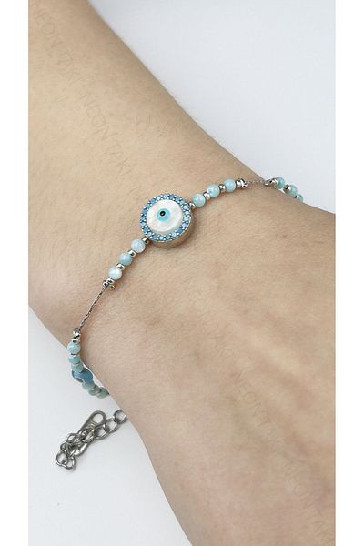 Neon Takı by Atalay Sensitivity Tag and Evil Eye Bead, Blue Stone, Stainless Steel Bracelet 491, Silver Color