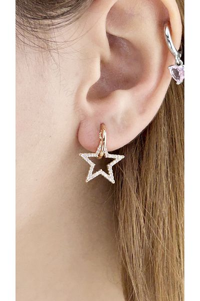 Neon Takı by Atalay Sensitivity Tag and Zircon Stone, Star Model Stainless Steel Earrings 627, Pink (Rose) Color