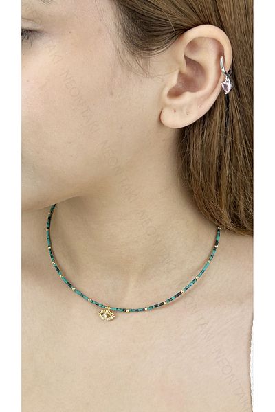 Neon Takı by Atalay Sensitivity Tag and Eye, Color Beads, Stainless Steel Necklace 396, Dark Blue, Gold Color