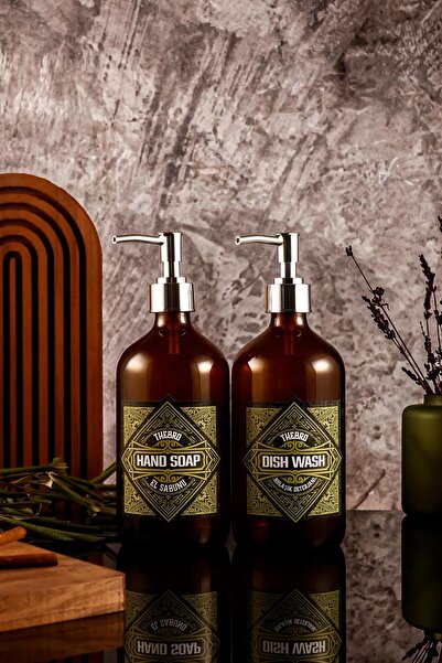 TheBRo 500ML Amber Cam Vintage Desenli El Sabunu ve Bulaşık Deterjanı Şişesi