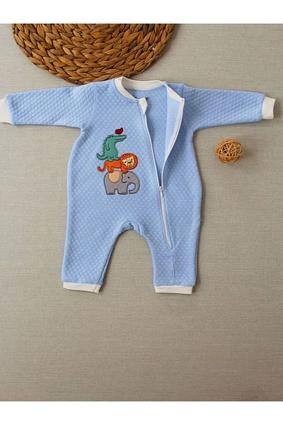 Haye Collection 6,9 12,18 18,24 24,36 Months Animal Embroidered Honeycomb Fabric Es Zippered Baby Boy Jumpsuit Blue