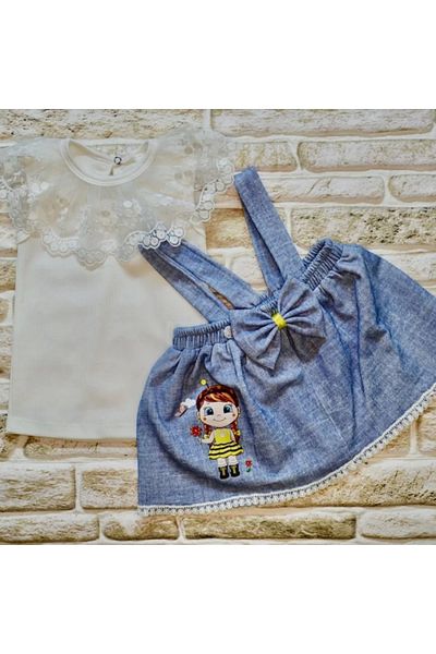 Haye Collection 1,2,3 Years Old Bee Embroidered Denim Patterned Skirt Cotton Fabric 2-Piece Baby Girl Salopet Set Blue