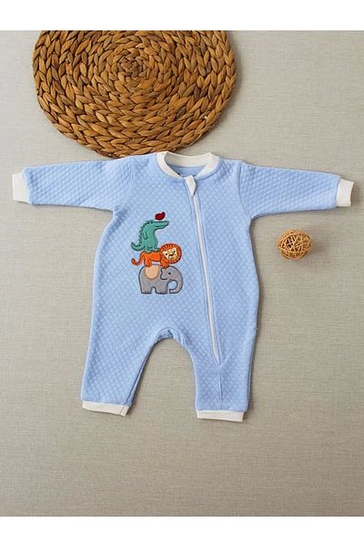 Haye Collection 6,9 12,18 18,24 24,36 Months Animal Embroidered Honeycomb Fabric Es Zippered Baby Boy Jumpsuit Blue