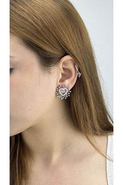 Neon Takı by Atalay Sensitivity Tag and Zircon Stone, Heart, Stainless Steel Earrings 608, Silver Color