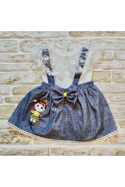 Haye Collection 1,2,3 Years Old Bee Embroidered Denim Patterned Skirt Cotton Fabric 2-Piece Baby Girl Salopet Set Navy Blue