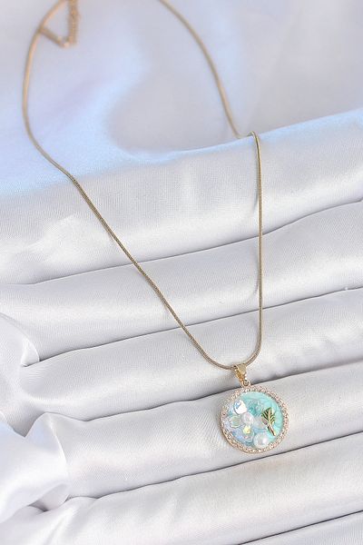 Clariss 316L Steel Gold Color Chain Zircon Stone Detailed Blue Enamel Flower Embroidered Pearl Detail Women's Necklace