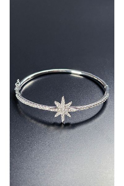 Neon Takı by Atalay Sensitivity Tag and Zircon Stone, Pole Star, Platinum Cap. Steel Bracelet 176, Silver Color