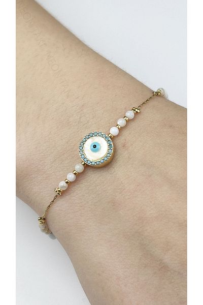 Neon Takı by Atalay Sensitivity Tag and Evil Eye Bead, White Stone, Stainless Steel Bracelet 490, Gold Color