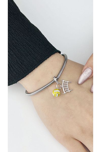 Neon Takı by Atalay Sensitive Tag and Dangle, Volleyball Themed, Steel Charm for Pan Bracelet 43, Silver Color