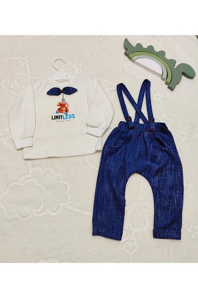 Haye Collection 9,12,18 Months Bow Tie Sweat Jeans Pants 2-Piece Baby Boy Salopet Set Navy Blue