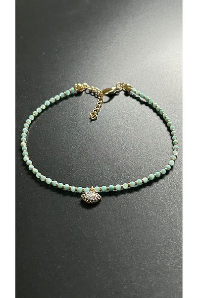 Neon Takı by Atalay Sensitivity Tag and Eye, Light Blue Color Beaded Anklet 34, Gold Color