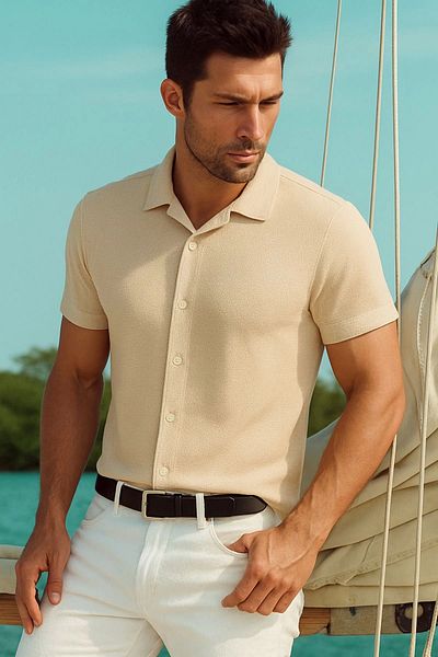 LC Waikiki Lc W Men's Fashionable Short-Sleeved Button-Down Summer Style Shirt, Cotton Stretchy Breathable Fabric