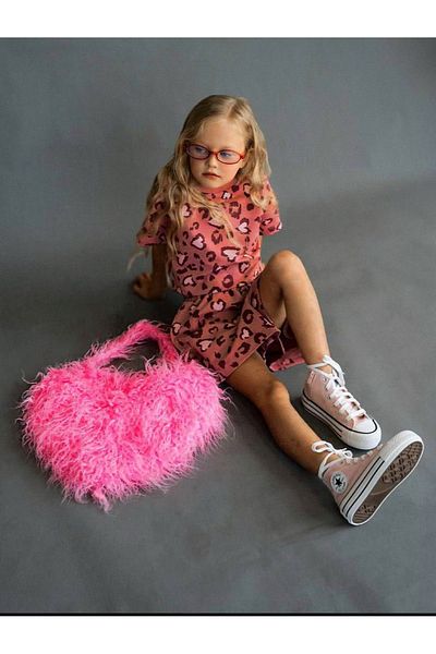 Çipil Girl's Cotton Pink Leopard Printed Shorts Set