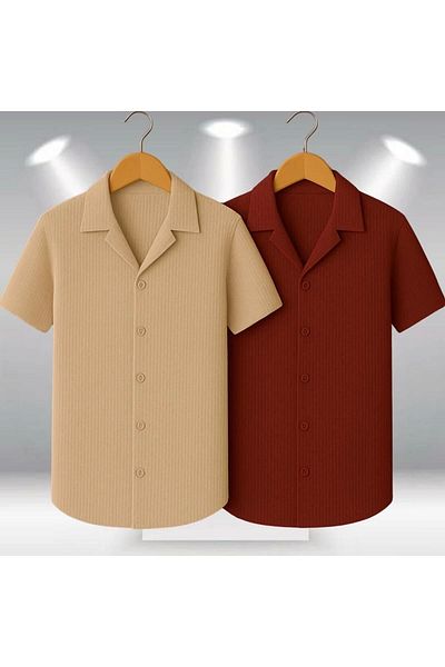LC Waikiki Lc W 2-Pack Advantage Package 100% Cotton Stylish Premium Quality Men's Short Sleeve Summer Waffle Fabric Shirt