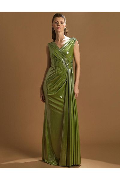 Kayra Fish Form Draped Evening Dress Green