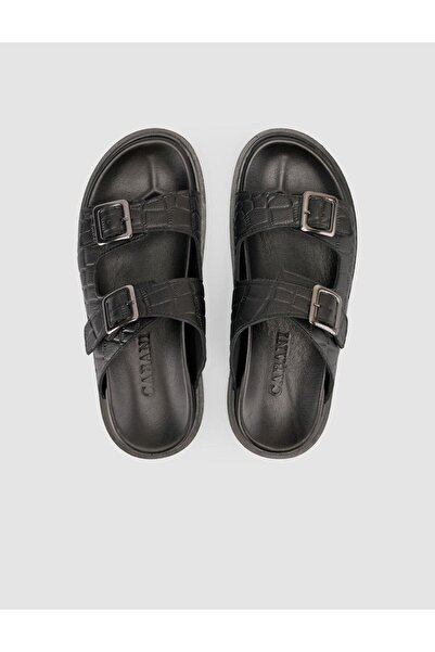 Cabani 100% Genuine Leather Croco Pattern Black Men's Slippers