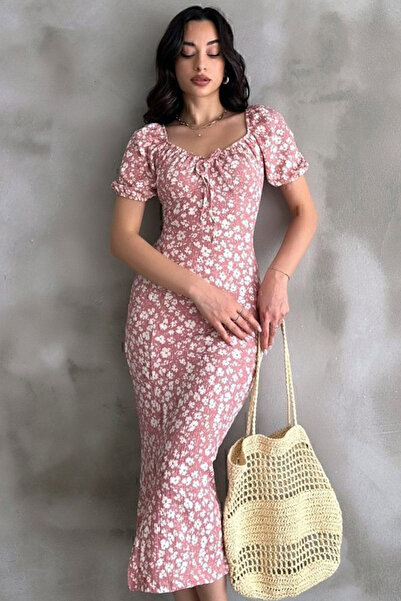 Ottawe Regular Fit U Yaka Kısa Lastikli Balon Kol Yırtmaçlı Bağcıklı Çiçek De...