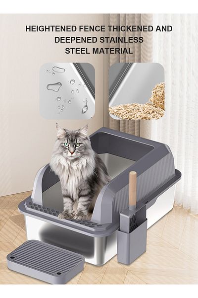 KidLe Stainless Steel Cat Litter Box Cat Litter Tray with Footboard & Scoop