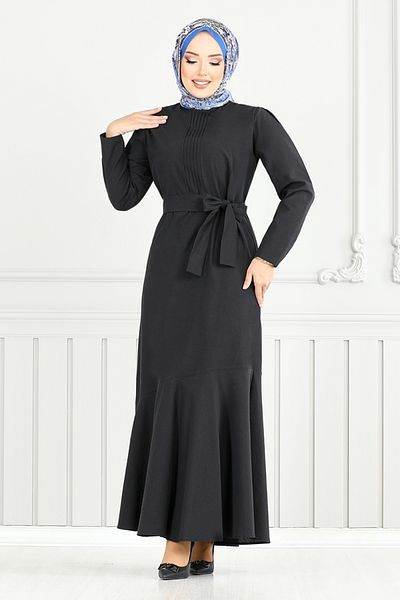 ModaMerve Rib Detail Hijab Dress 4096Pm1063-M Black