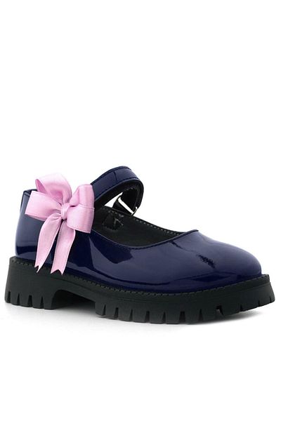 Rakerplus Navy Blue Patent Leather Velcro Thick Sole Ribbon Girls' School Shoes