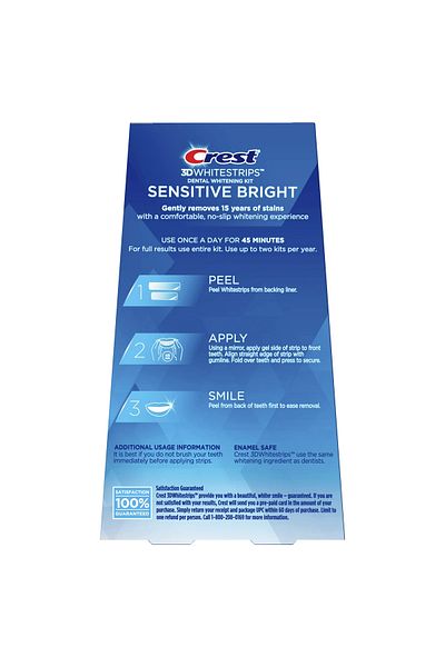 CREST Whitestrips 3D Sensitive Bright, Crest Strips, for Sensitive Teeth, 8% Concentration, 28 Strips