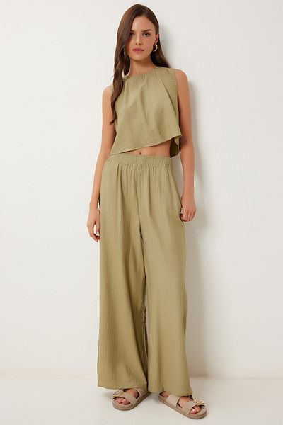 Lovelyİstanbul Tie Detailed Blouse Trousers Set Olive Green Lrv0104