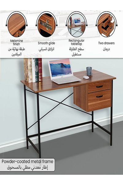 micasa 2-Drawer Metal Frame Wooden Rectangular Computer Desk