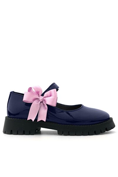 Rakerplus Navy Blue Patent Leather Velcro Thick Sole Ribbon Girls' School Shoes
