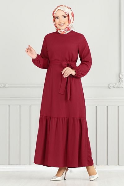 ModaMerve Wrapped Dress with Elastic Cuffs 423Dvl897-M Claret Red