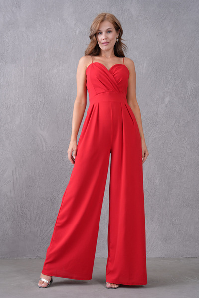 bayansepeti Red Crepe Fabric Double Breasted Collar Wide Leg Detail Thin Strap Women's Jumpsuit 582101