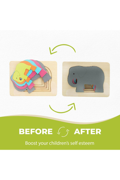 OEM Wooden puzzle with 5 descending shapes, elephant pattern