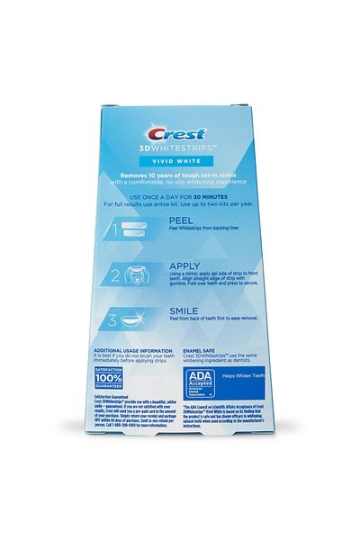 CREST Teeth Strips, Crest, 3D White, Vivid White, 9% Concentration, Box of 12 Envelopes, 24 Strips