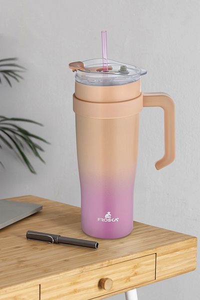 NESS HOME 304 Quality Stainless Steel 1000 ml Thermos with Straw Double Layer Color Transition, Leakproof Cup