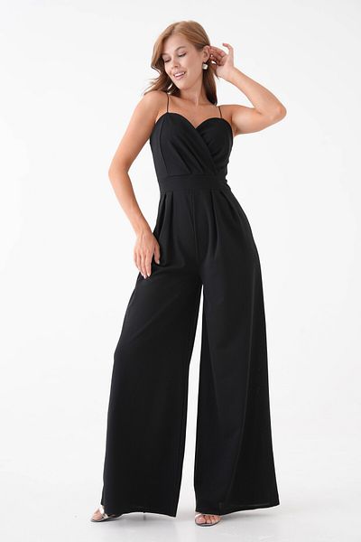 barış sülün lovebox Women's Crepe Fabric Double Breasted Collar Wide Leg Design Thin Strap Black Stylish Jumpsuit 582101