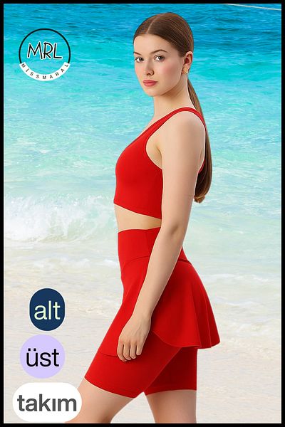 missmaral Women's Set Bottom - Top Biker Shorts Above Knee &Crop Bra Pad Supported Red in the Sea in the Pool in Sports