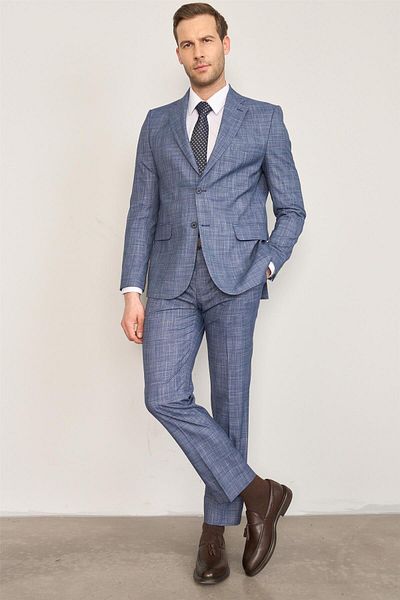 Mentality 9120 Men's Mono Collar Slim Fit Suit Light Navy Blue
