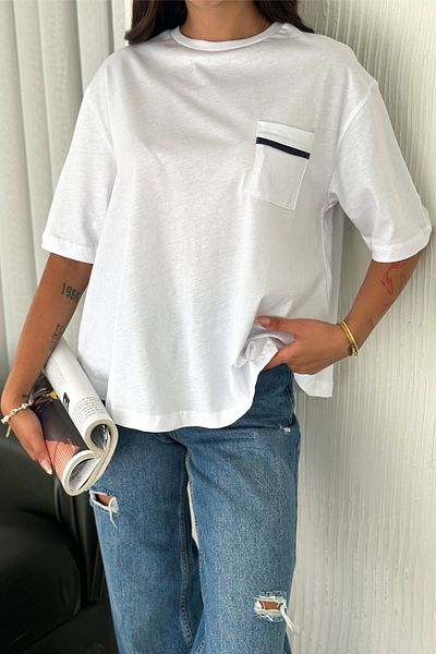 FEMELLE Tricou alb pentru femei, cu tăiere asimetrică, 100% bumbac, cu buzunare
