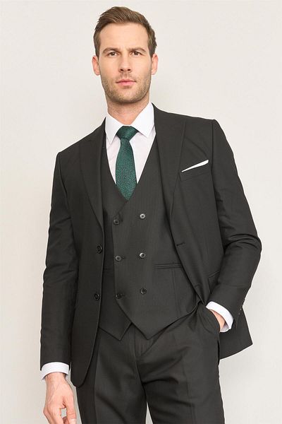 DURAK Risser Bolu Black Polyviscon Men's Suit with Vest