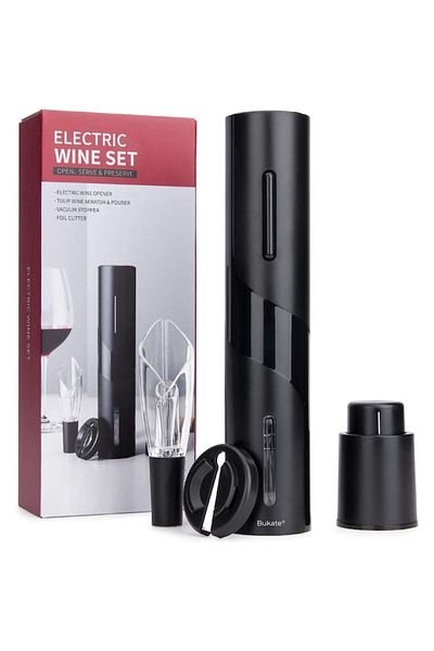 Bukate Electric Corkscrew Set, 4 in 1 with Foil Cutter, Vacuum Stopper and Wine Aerator, Black, Bukate®