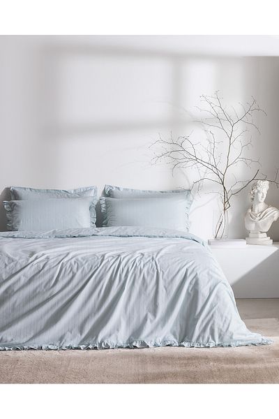 Madame Coco Julien King Size 100% Cotton Ruffle Duvet Cover Set - Light Blue