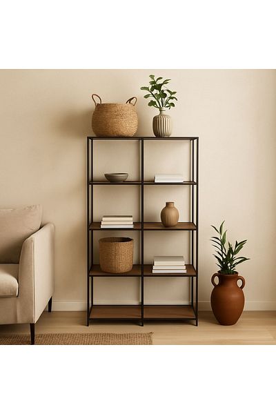 Gift Design Bibliotecă cu 5 rafturi – 78x30x170 cm | Cadru metalic negru și rafturi din lemn MDF | Colecția H&S