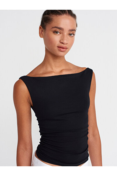Dilvin 31862 Büzgülü Omuzları Açık Top-Siyah