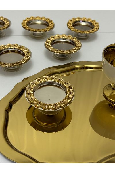 SEVA ÇELİK Silver Coated 6 Pieces Gold Patterned Frame Lucky Cup Coffee so Makaronluk
