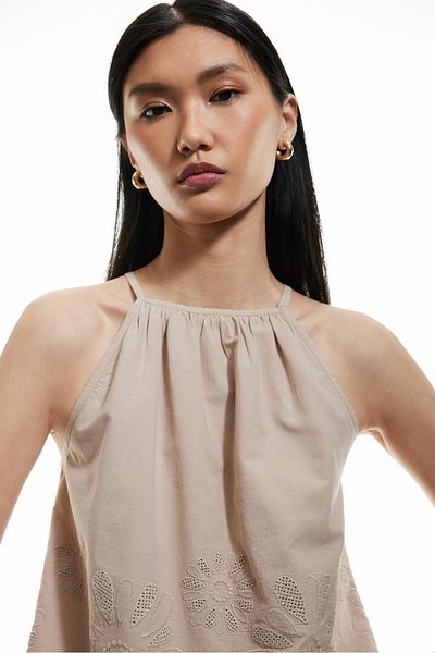 Koton Cotton Floral Textured Scalloped Broderie Halter Neckline Strap Blouse