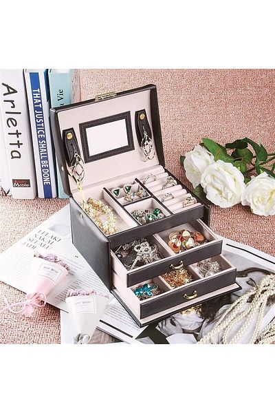 Lumely 3 Layer Portable Jewelry Organizer Box,Three-layer Design Double Drawers,With Lock,Waterproof