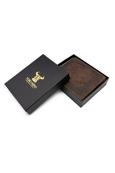 Toro Nero Men's wallet made of brown genuine leather, zodiac sign Gemini