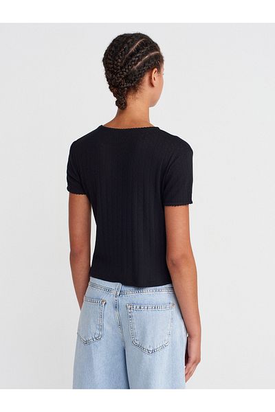 Dilvin 31795 Bow Detailed Short Sleeve Contrast T-Shirt-Black
