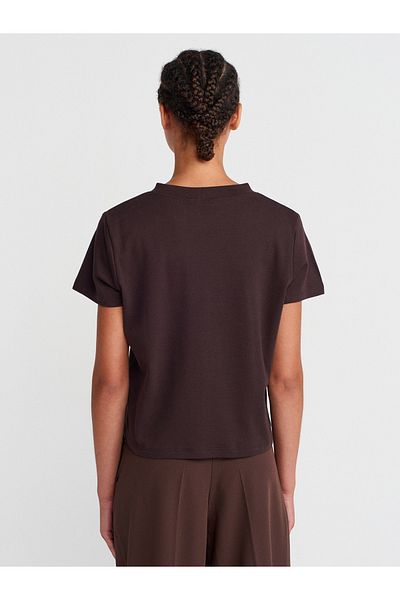 Dilvin 30584 Crew Neck Cotton T-Shirt-Dark Brown