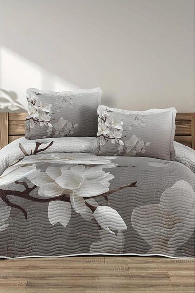 Çeyiz Diyarı Fiore Printed Quilted Double Bedspread Gray